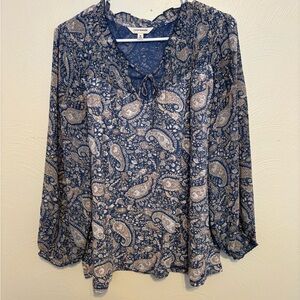 Lucky Brand Blue Paisley Boho Blouse XL Tie Neck Long Sleeve
